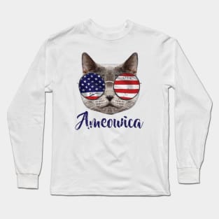 Ameowica America USA Cat Sunglasses text blue Long Sleeve T-Shirt